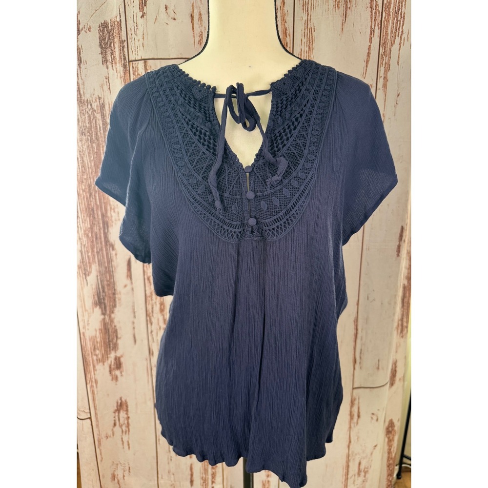 LUQ for Stitch Fix Navy Blue Crochet Lace Yoke Blouse Women Large Excellent